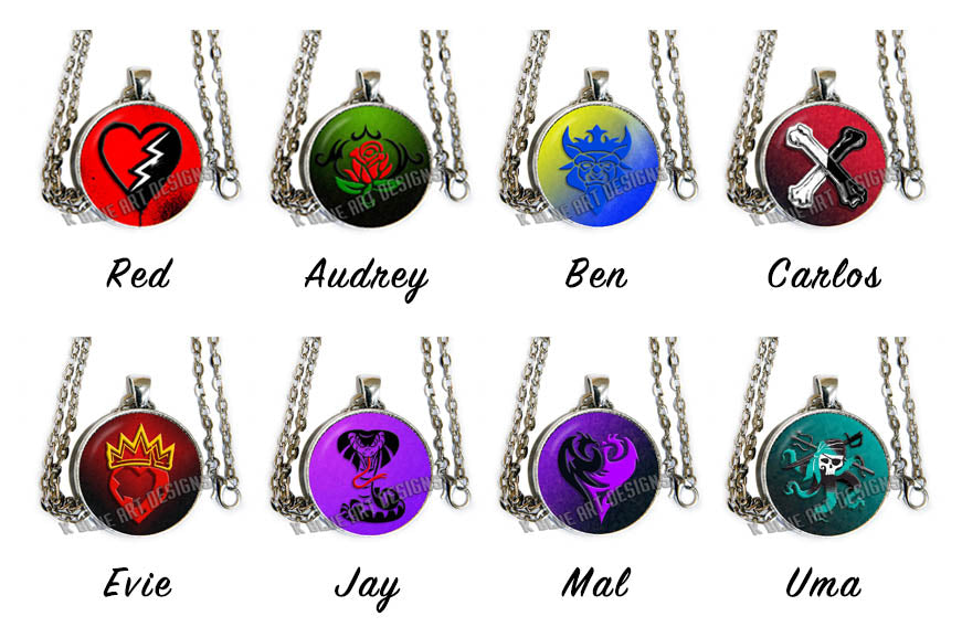 Descendants - Red, Audrey, Ben, Carlos, Evie, Jay, Mal, OR Uma - 1 glass cab pendant necklace