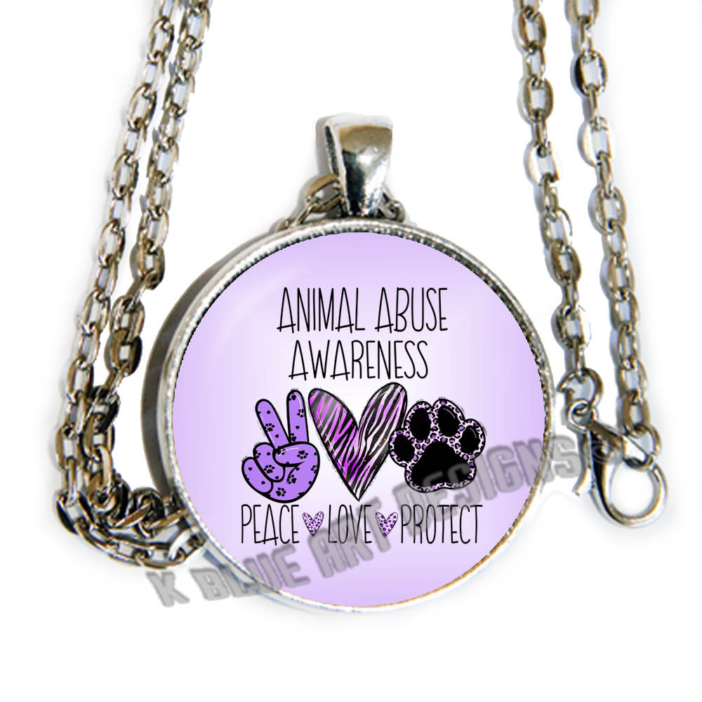 Animal Abuse Awareness - Peace, Love, Protect - glass cab pendant necklace