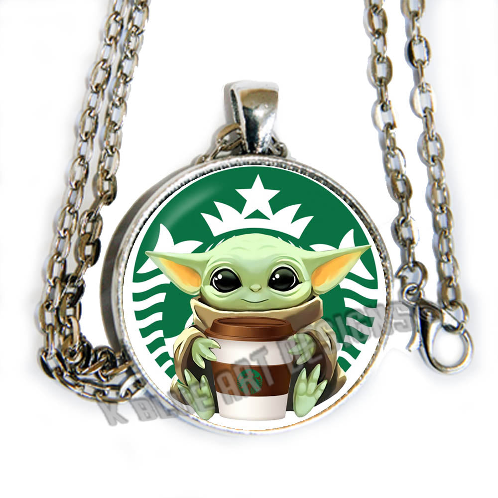 Baby Yoda coffee - glass cab pendant necklace
