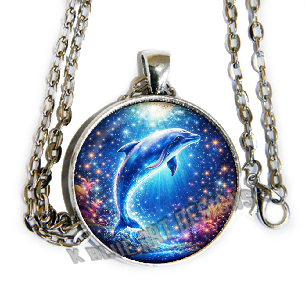 Dreamy Dolphin - glass cab pendant necklace