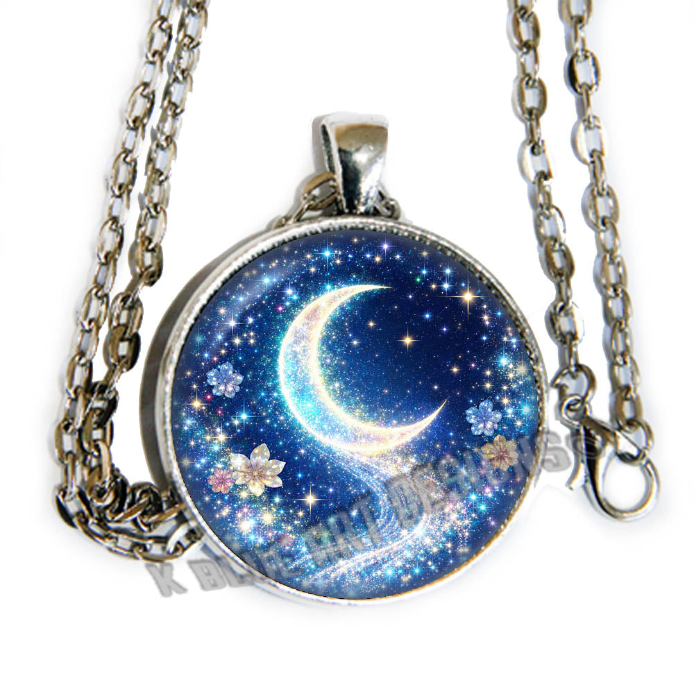 Crescent Moon sparkles - glass cab pendant necklace
