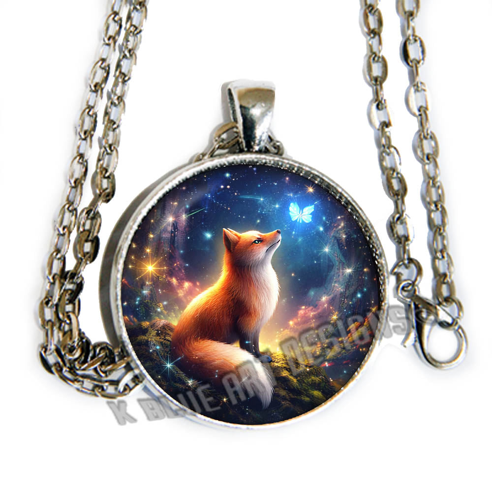 Fox with butterfly - glass cab pendant necklace