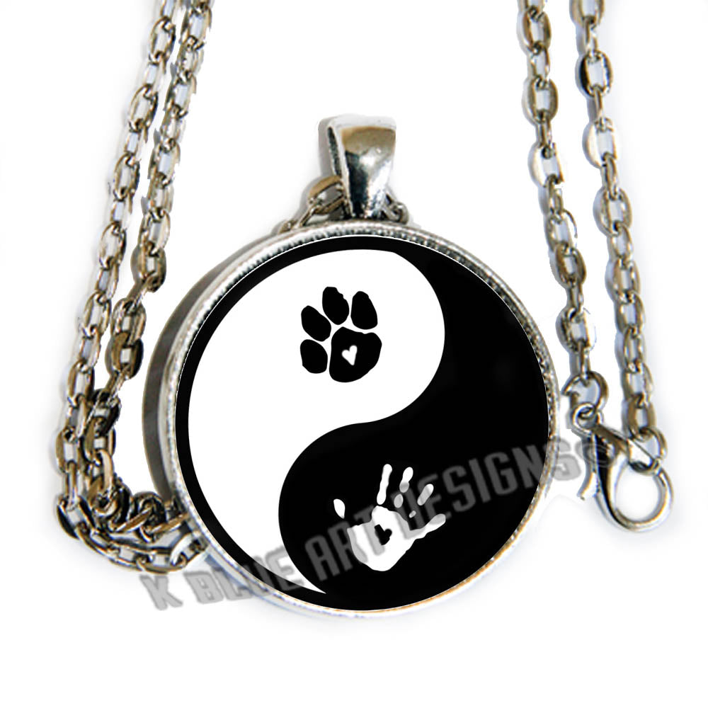 Yin Yang Hand and Paw - glass cab pendant necklace