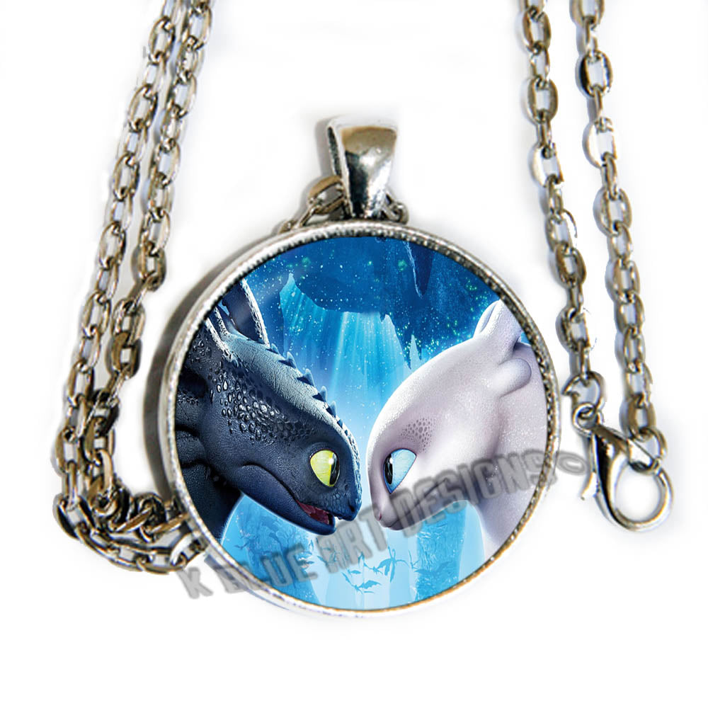 Toothless & Fury HTTYD How to train your dragon - glass cab pendant necklace