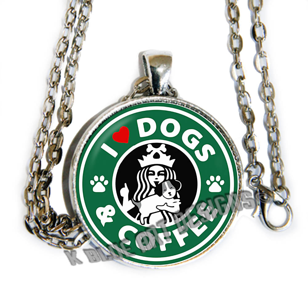 I love dogs and coffee - glass cab pendant necklace