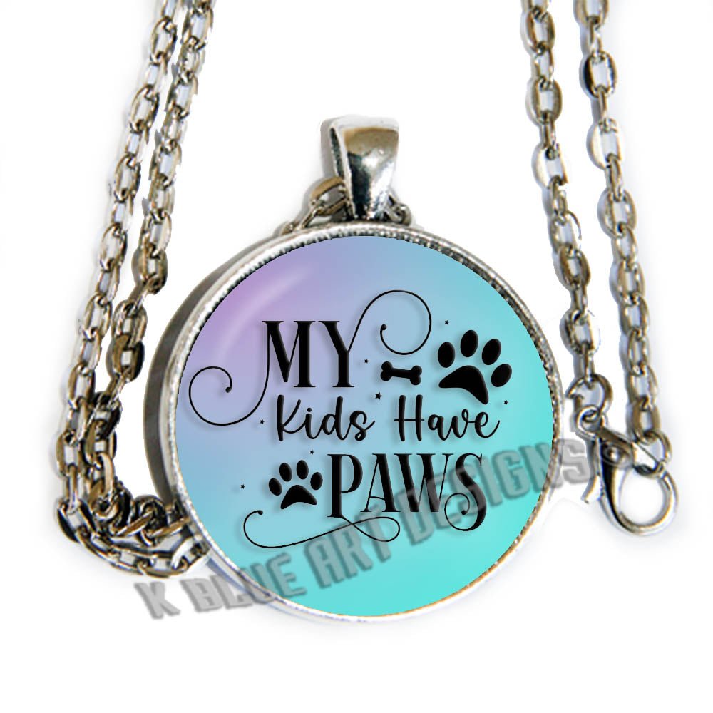 My Kids Have Paws (color version) - glass cab pendant necklace