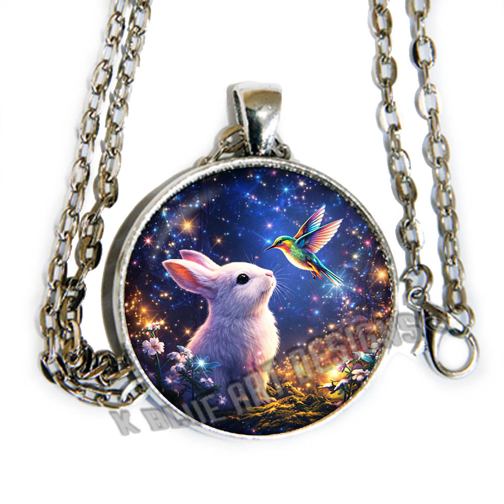Easter bunny and hummingbird - glass cab pendant necklace
