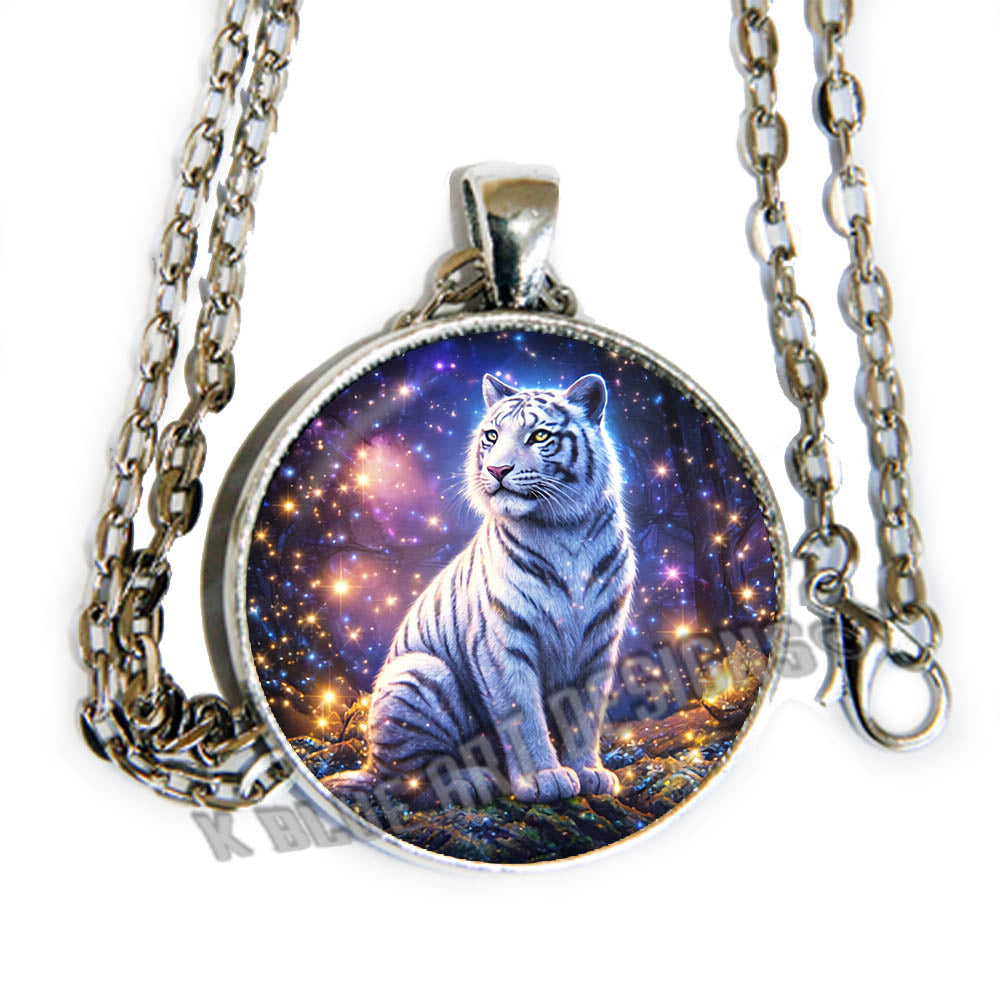 White Tiger with butterfly - glass cab pendant necklace